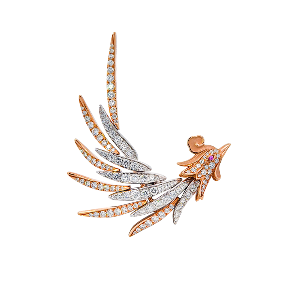 18KT White & Rose Gold Ember Phoenix Brooch with Pink Sapphires & Diamonds