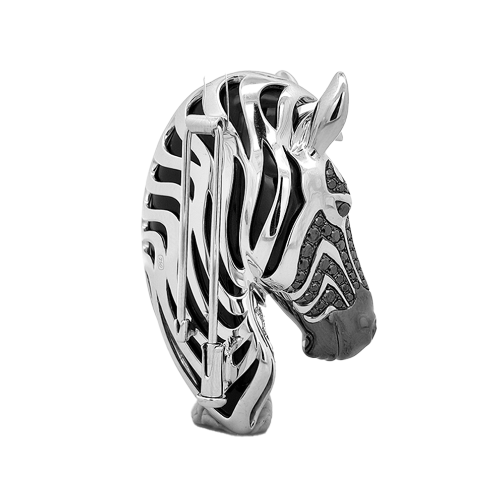 18KT White Gold Zebra Brooch with Onyx & Black/White Diamonds