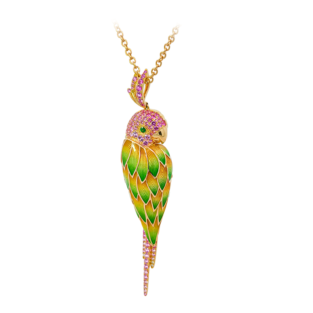18KT Yellow Gold Tropic Parrot Pendant with Pink Sapphires, Tsavorite & Diamonds