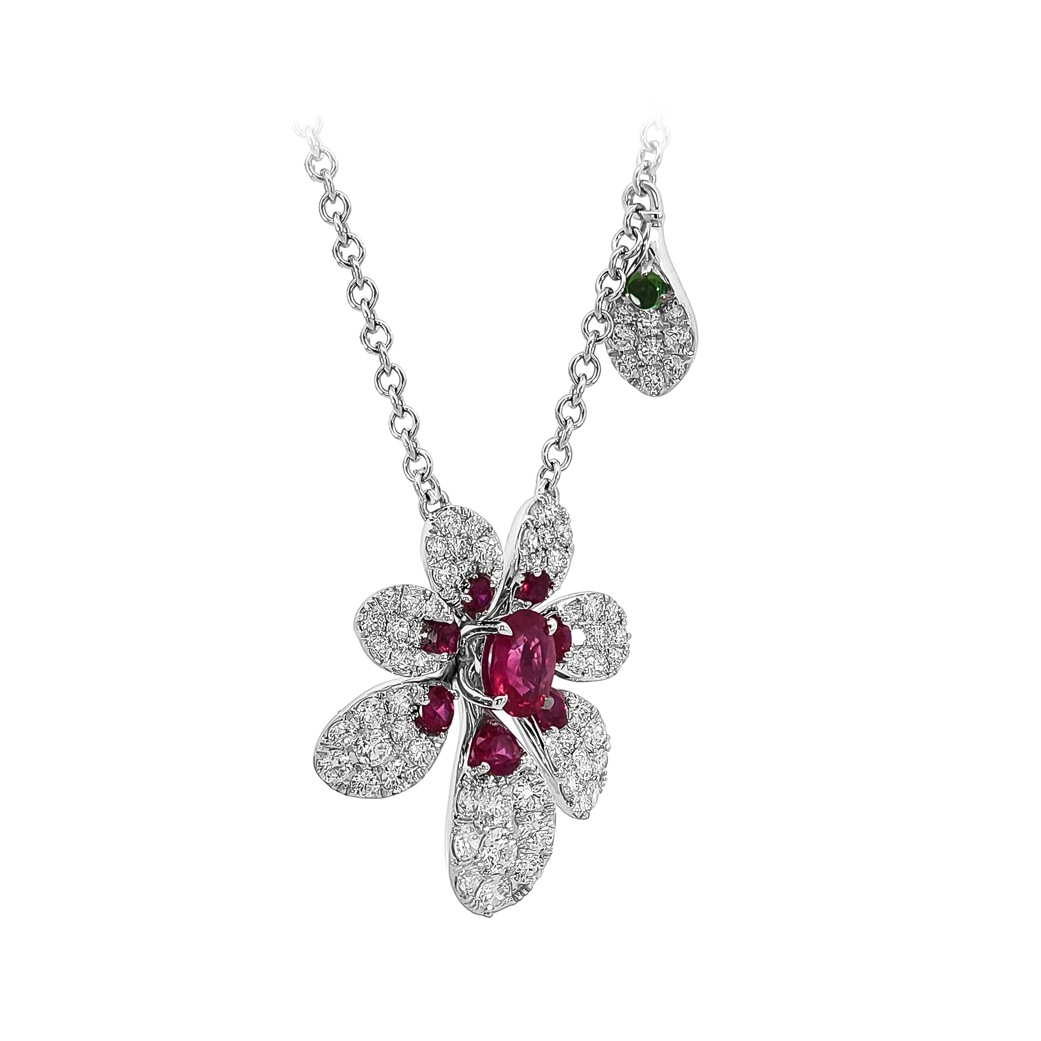18KT White Gold Ruby, Tsavorite & Diamond Flower Necklace