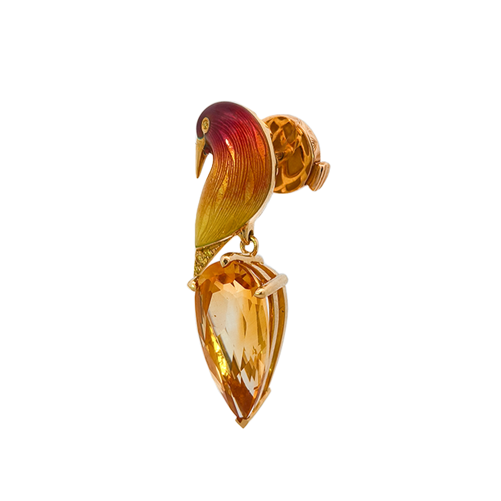 18KT Yellow Gold Enamel, Citrine & Yellow Diamond Brooch