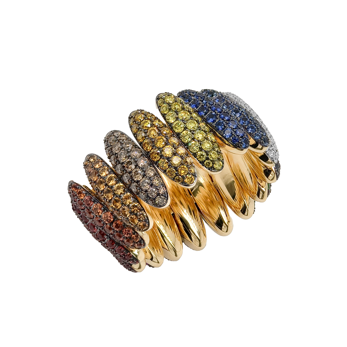 18KT Yellow Gold with Black Rhodium & White Rhodium, Ruby, Sapphire, Tsavorite & Diamond Ring