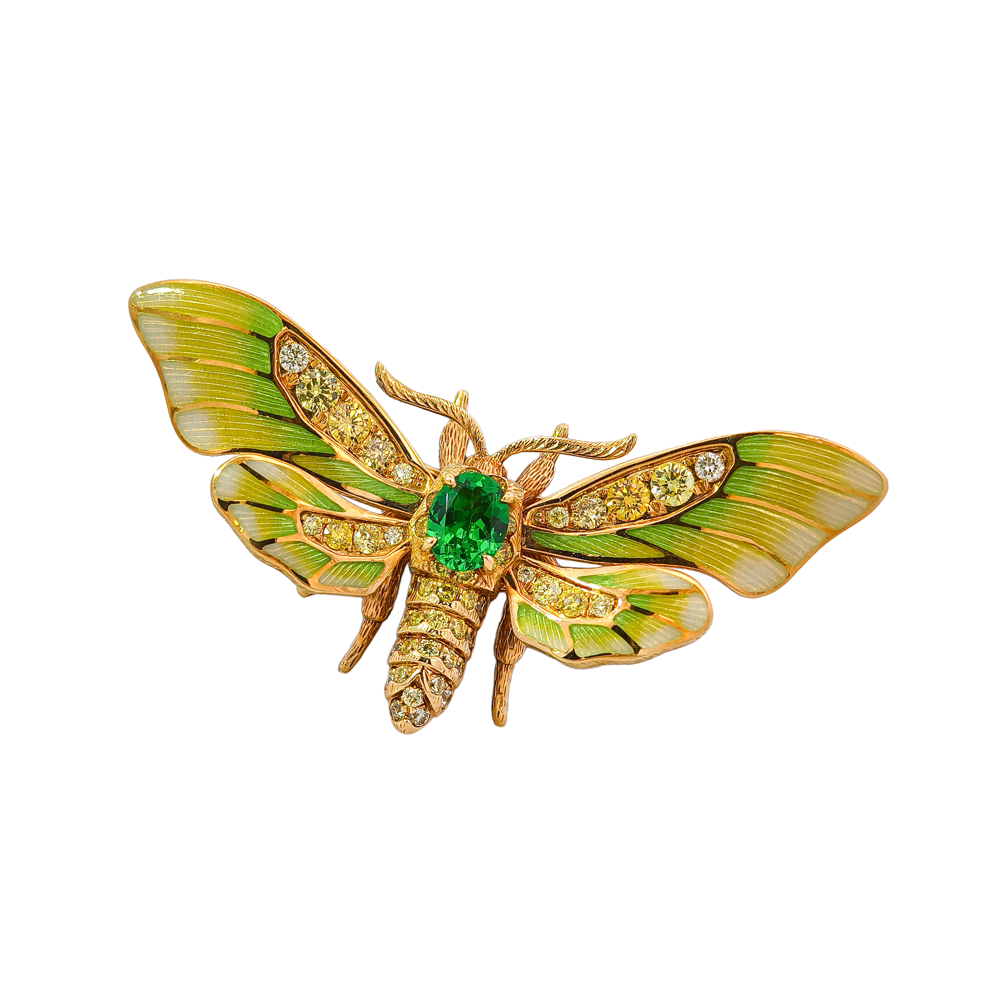 18K Yellow Gold Moth Brooch with Tsavorite, Diamonds & Enamel