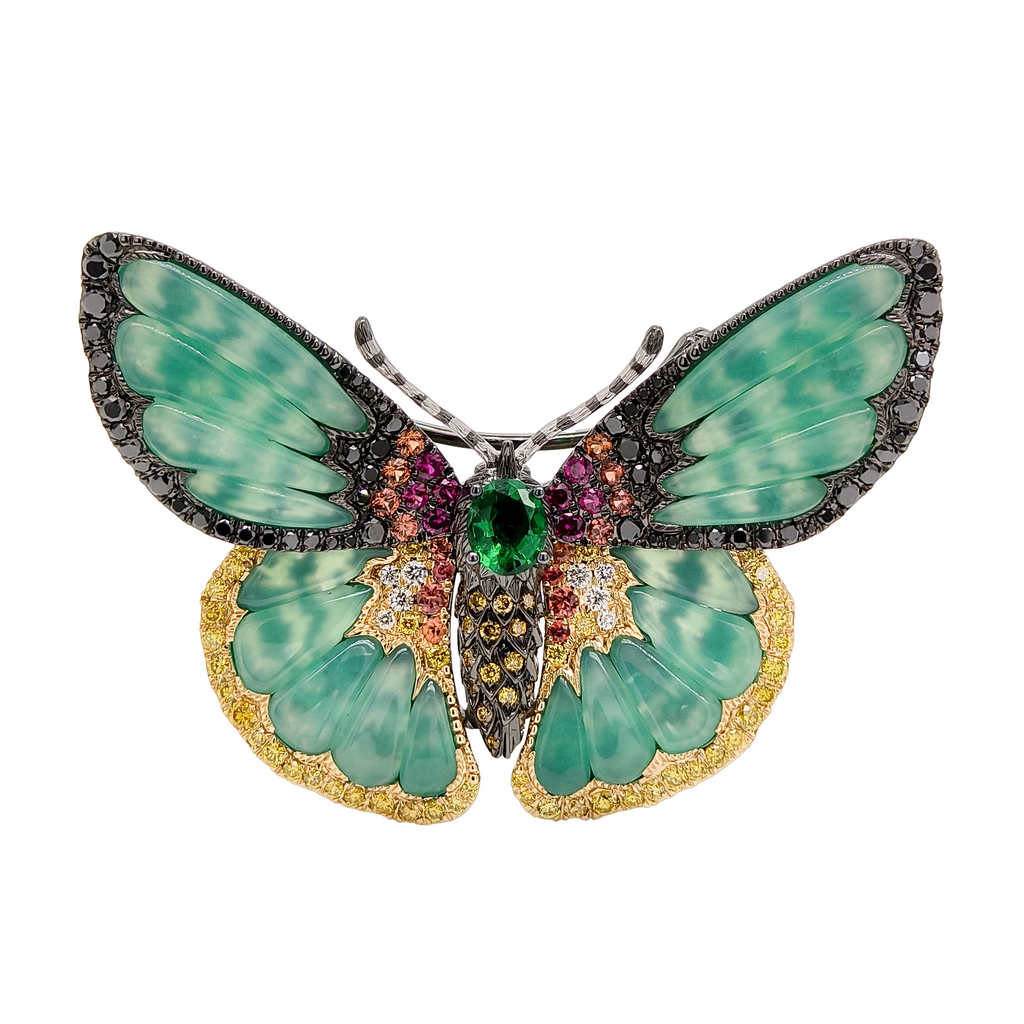 18KT Yellow Gold with Emerald, Ruby, Sapphire, Diamond & Chrysophase Butterfly Brooch
