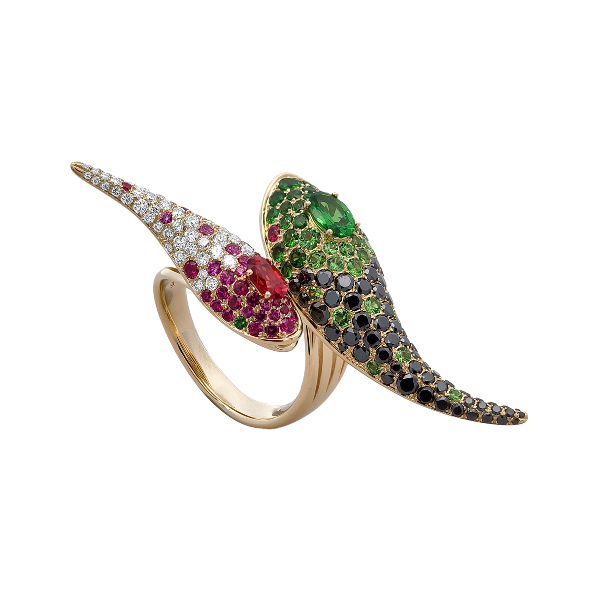 18KT Yellow Gold Orange Sapphire, Ruby, Tsavorite, Black Diamond & Diamond Ring