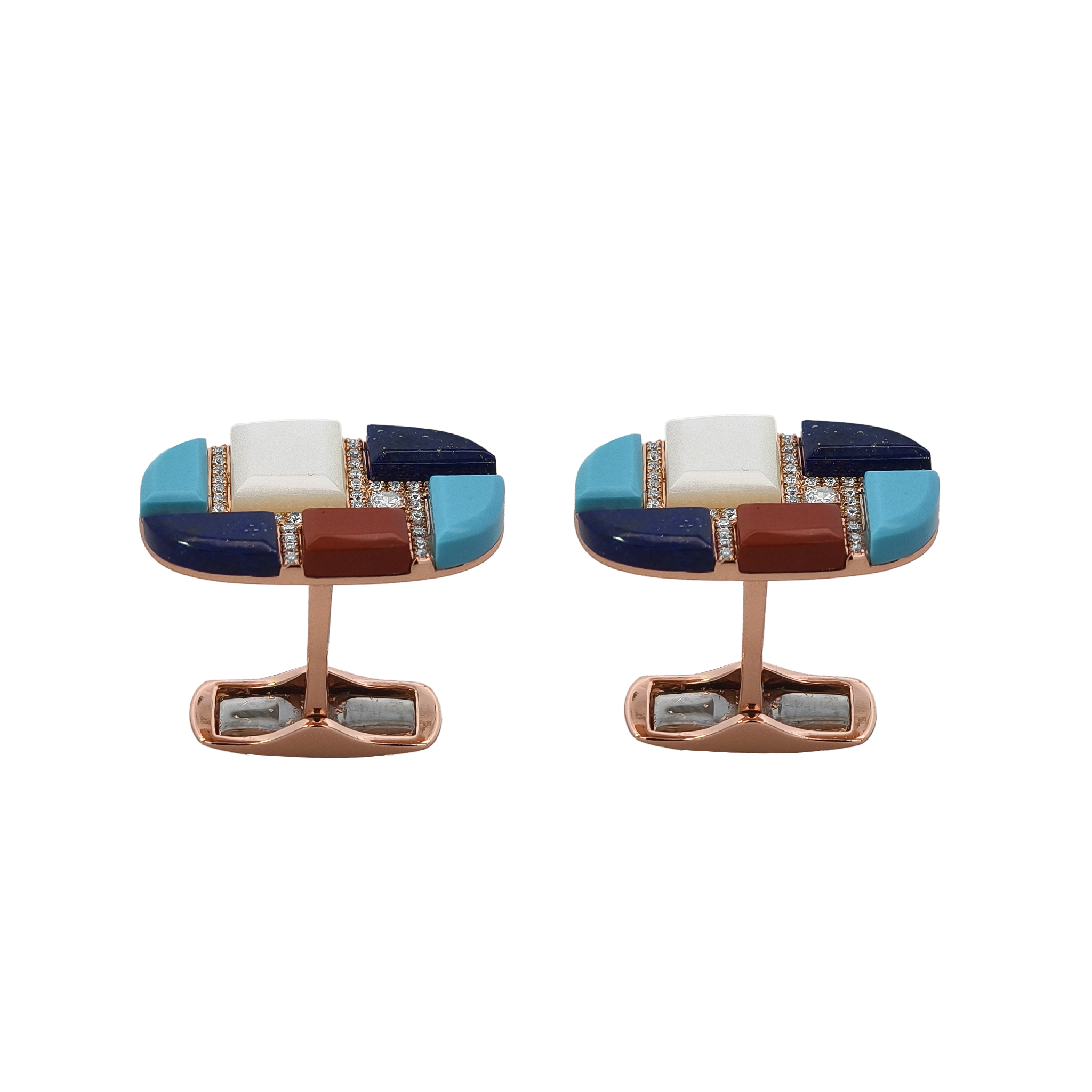 Onyx, White MOP, Malachite, Red Jade, Lapis, Turquoise & Diamond Cufflinks