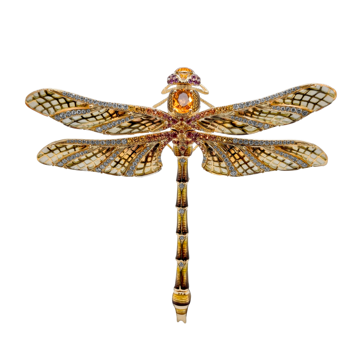 18KT Yellow Gold Enamel, Crystal, Opal, Sapphire, Diamond ,Color Precious Stone Dragonfly Brooch / Pendant