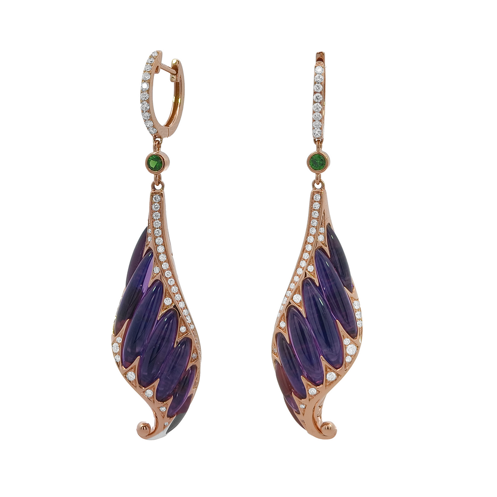 18KT Rose Gold Amethyst, Tsavorite, Enamel & Diamond Earrings
