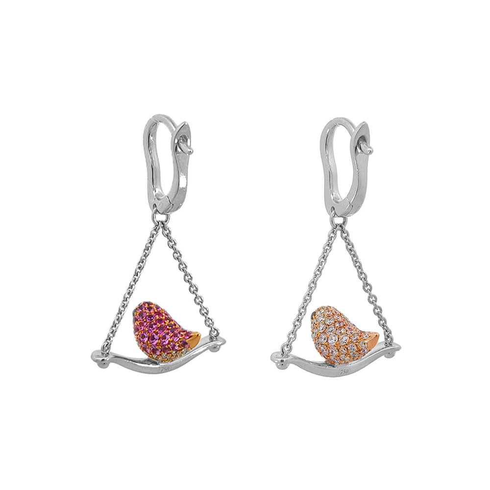 18KT White Gold Duet Earrings with Ruby, Pink Sapphire & Diamonds