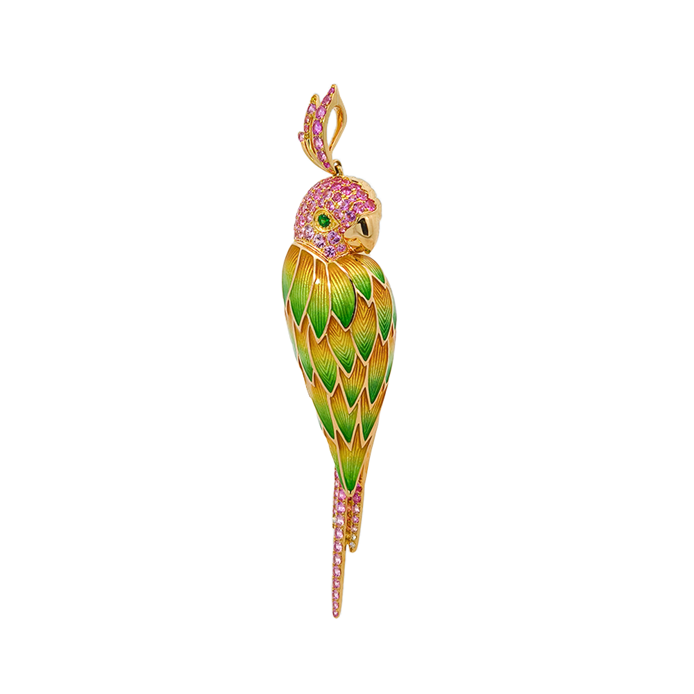 18KT Yellow Gold Tropic Parrot Pendant with Pink Sapphires, Tsavorite & Diamonds
