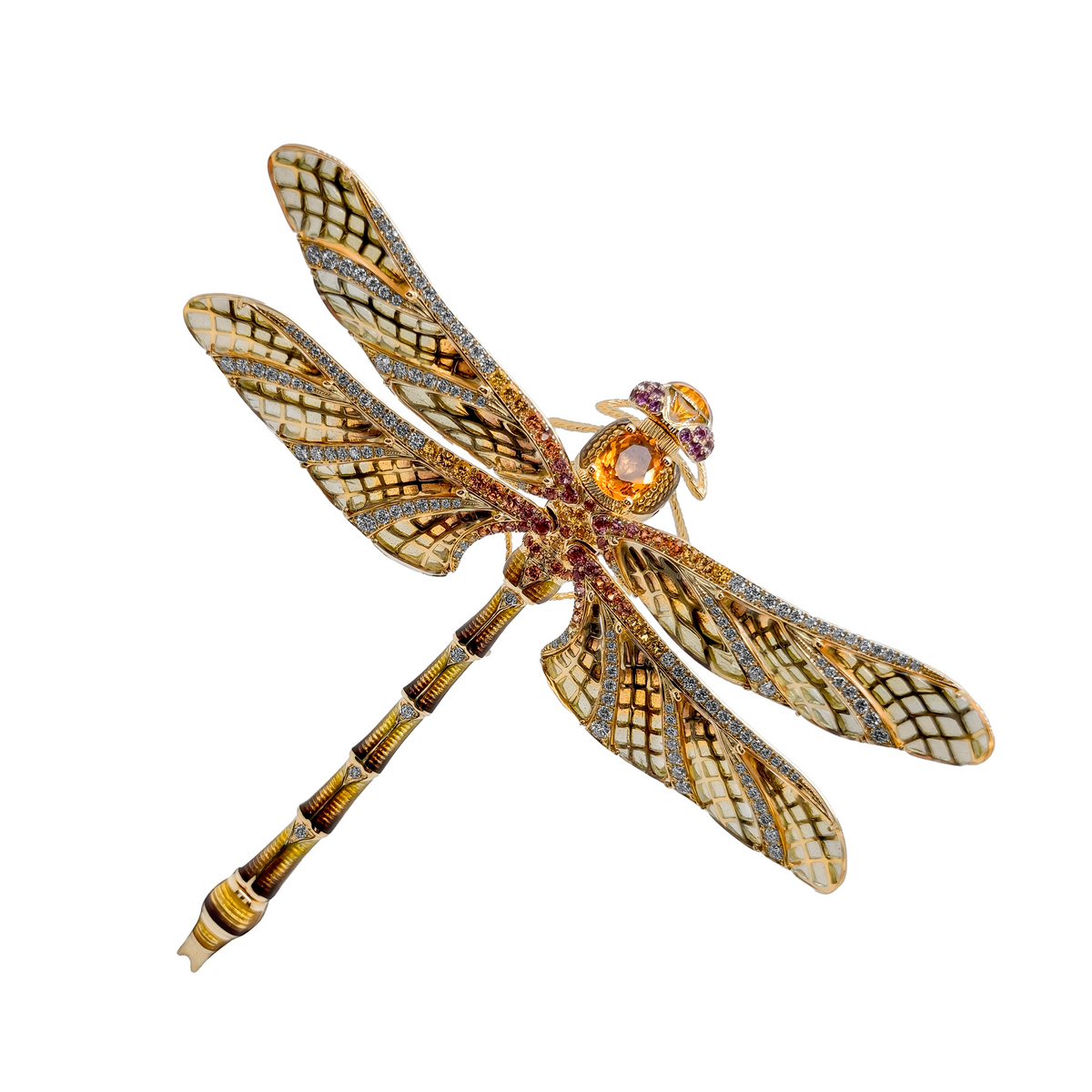 18KT Yellow Gold Enamel, Crystal, Opal, Sapphire, Diamond ,Color Precious Stone Dragonfly Brooch / Pendant