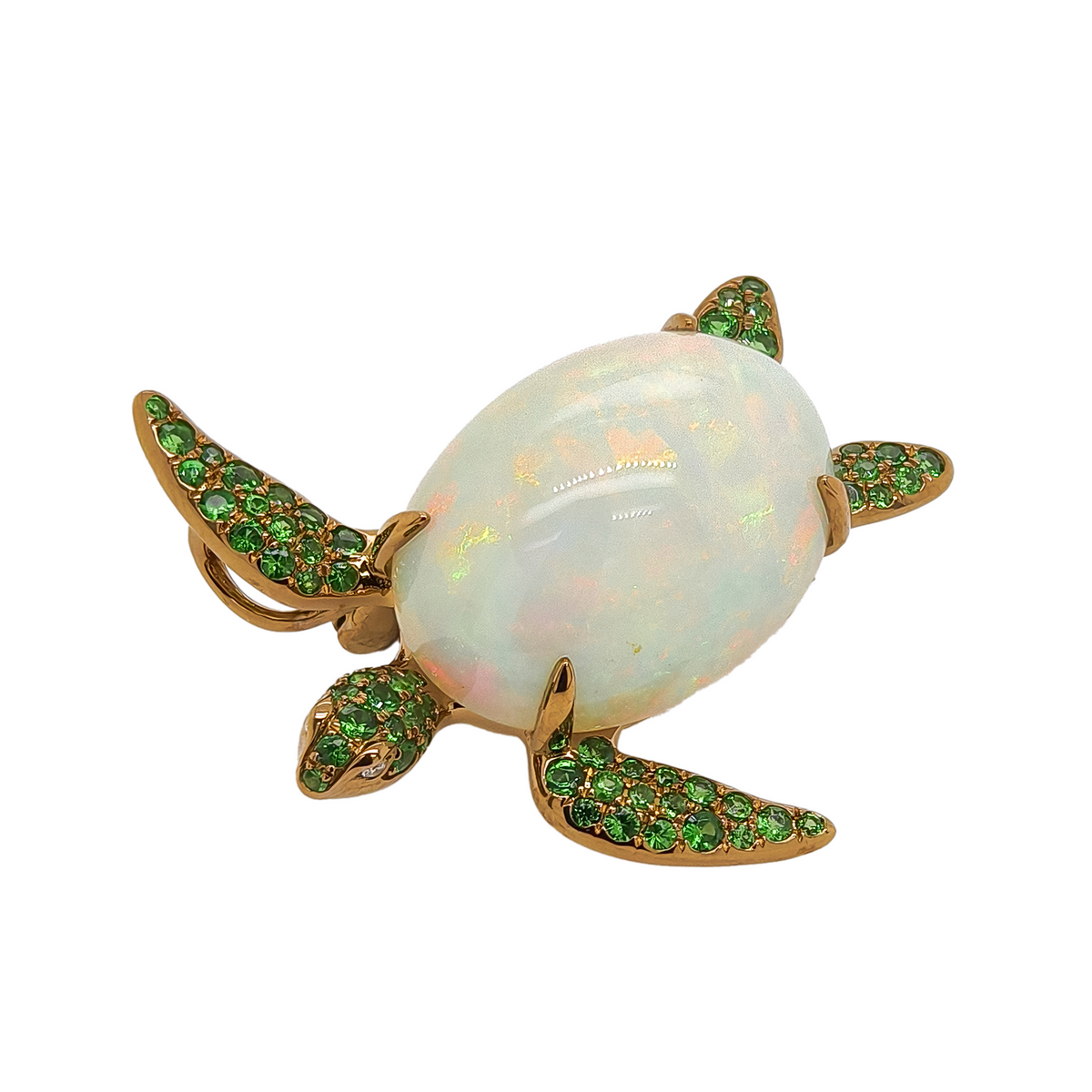 18KT Yellow Gold with Opal, Tsavorite & Diamond Turtle Brooch / Pendant
