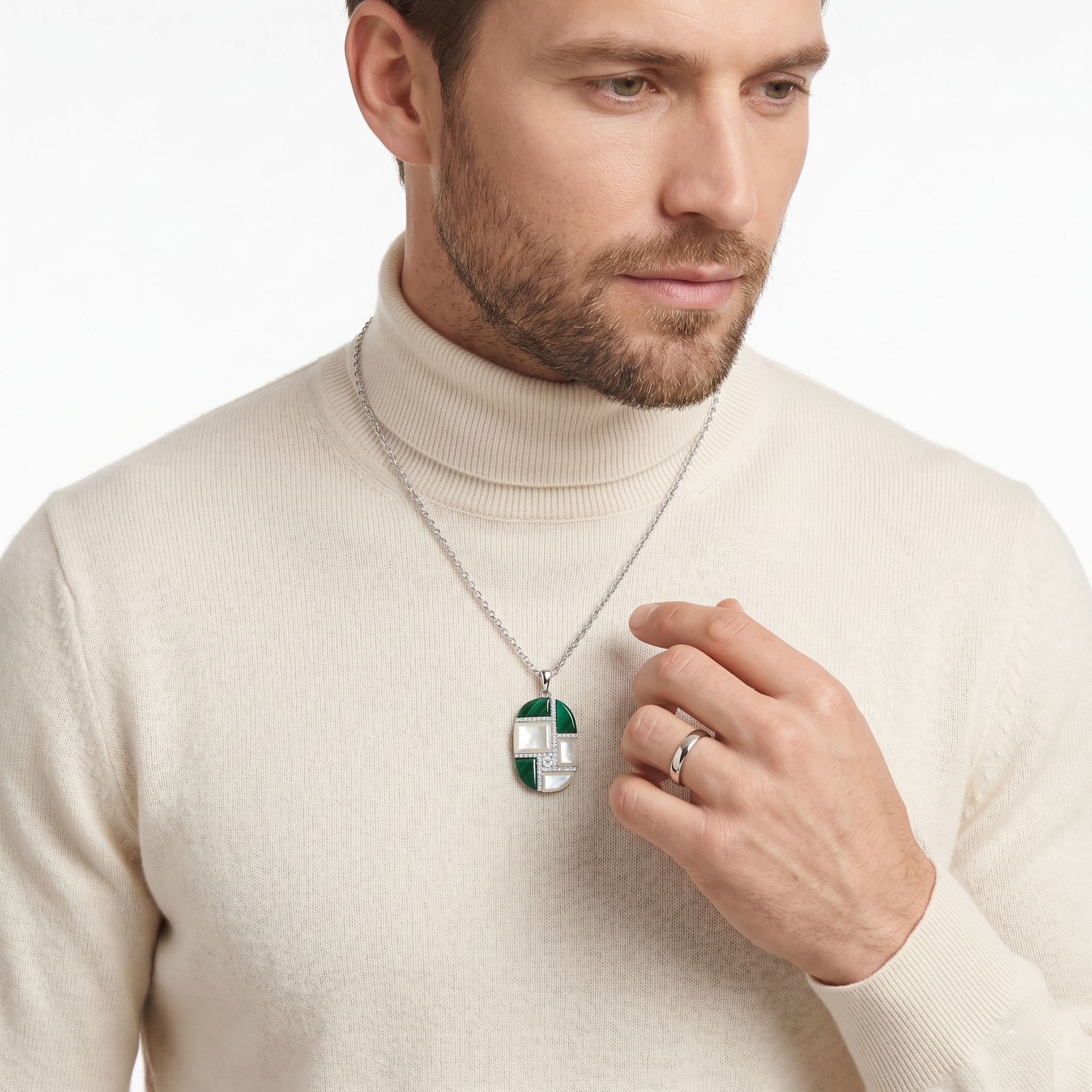 White MOP, Malachite & Diamond Pendant
