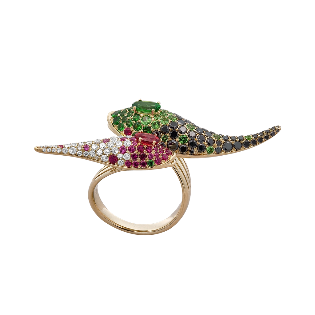 18KT Yellow Gold Orange Sapphire, Ruby, Tsavorite, Black Diamond & Diamond Ring