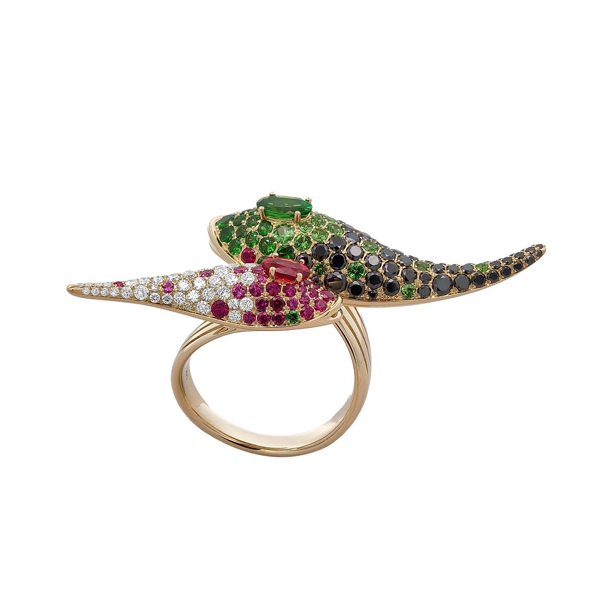 18KT Yellow Gold Orange Sapphire, Ruby, Tsavorite, Black Diamond & Diamond Ring