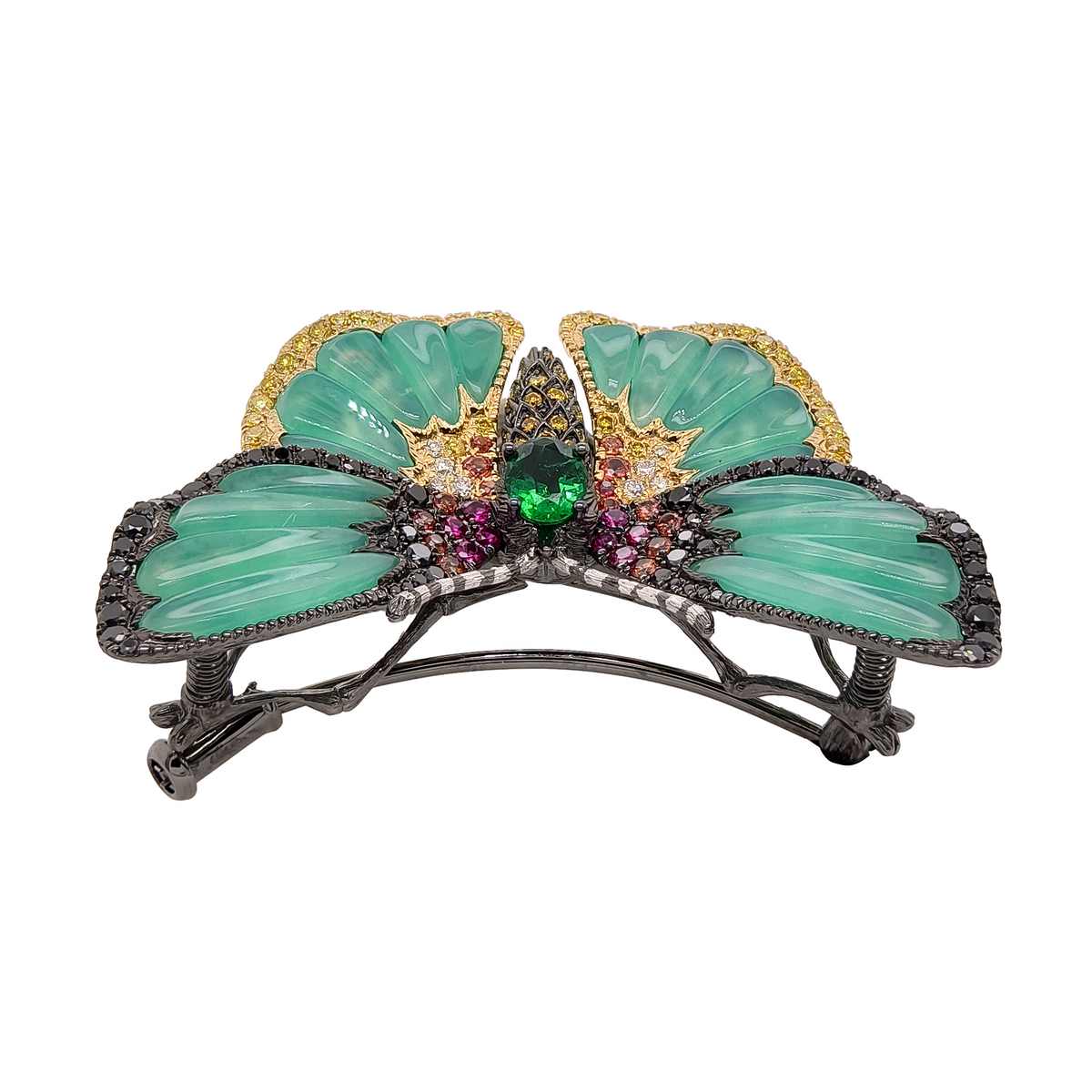 18KT Yellow Gold with Emerald, Ruby, Sapphire, Diamond & Chrysophase Butterfly Brooch