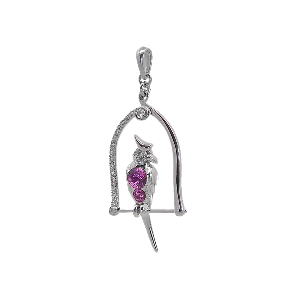 18KT White Gold Nestle Bird-in-Nest Pendant with Pink Sapphires & Diamonds