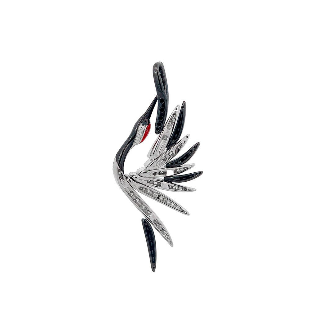 18KT White Gold Aether Red-crowned Crane Pendant with Red Coral & Diamonds