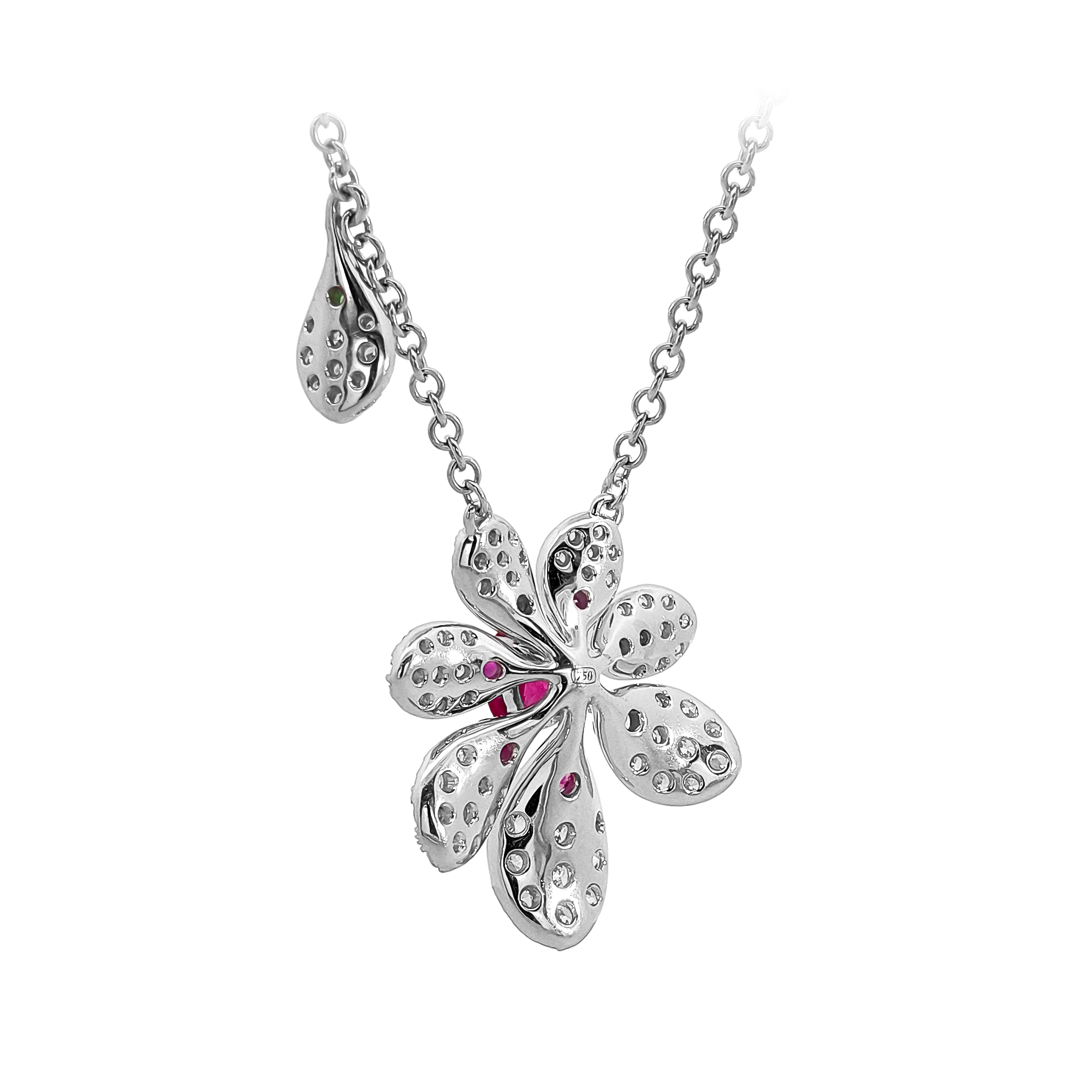 18KT White Gold Ruby, Tsavorite & Diamond Flower Necklace