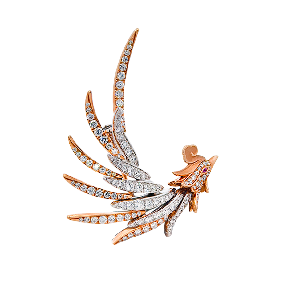 18KT White & Rose Gold Ember Phoenix Brooch with Pink Sapphires & Diamonds
