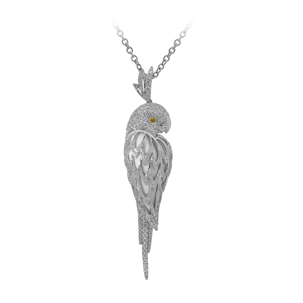 18KT White Gold Tropic Parrot Pendant with White Agate & Diamonds