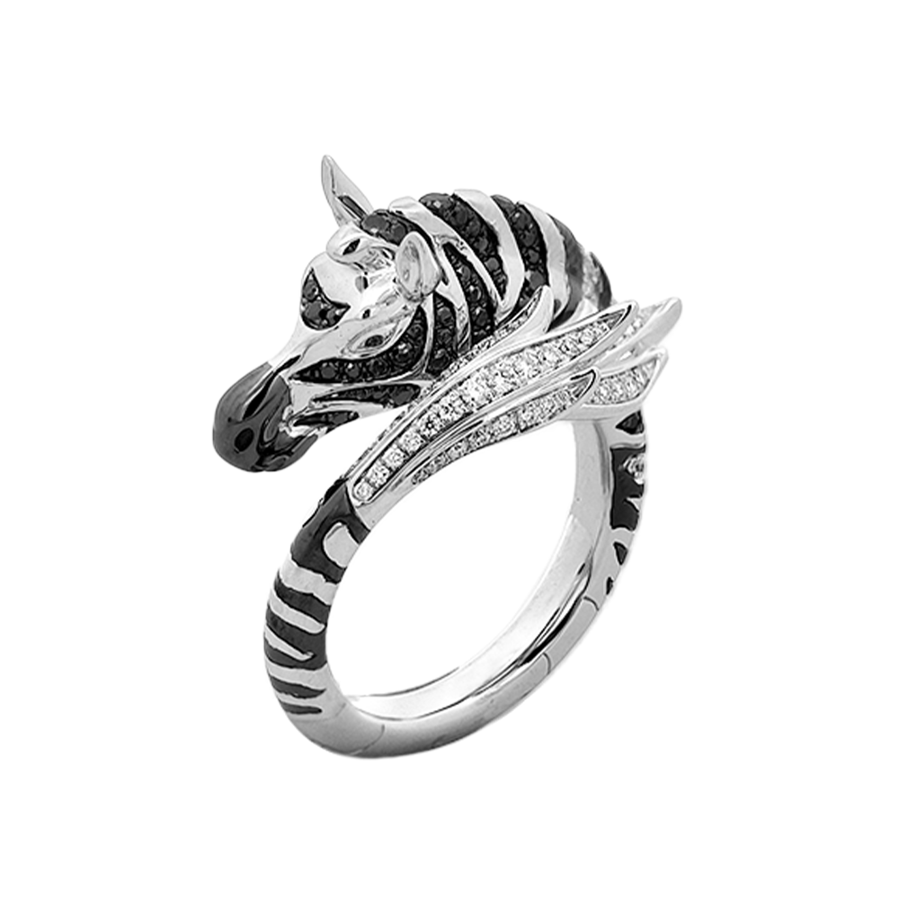 18KT White Gold Zebra Ring with Tsavorite & Black/White Diamonds