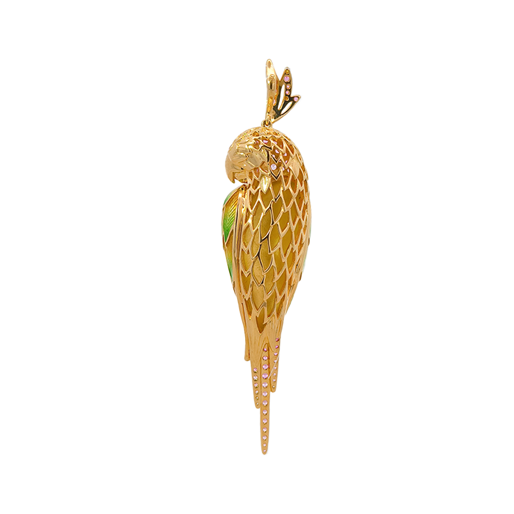 18KT Yellow Gold Tropic Parrot Pendant with Pink Sapphires, Tsavorite & Diamonds