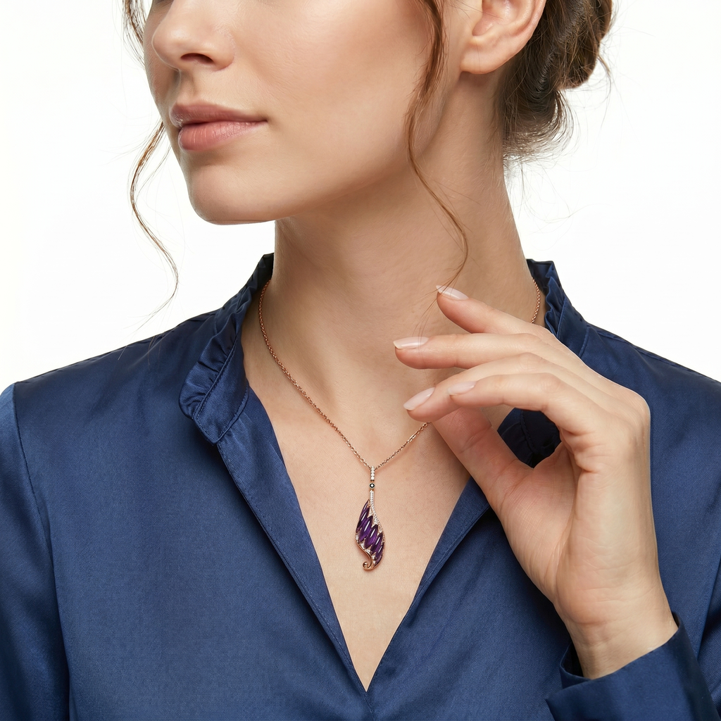 18KT Rose Gold Amethyst, Tsavorite, Enamel & Diamond Pendant