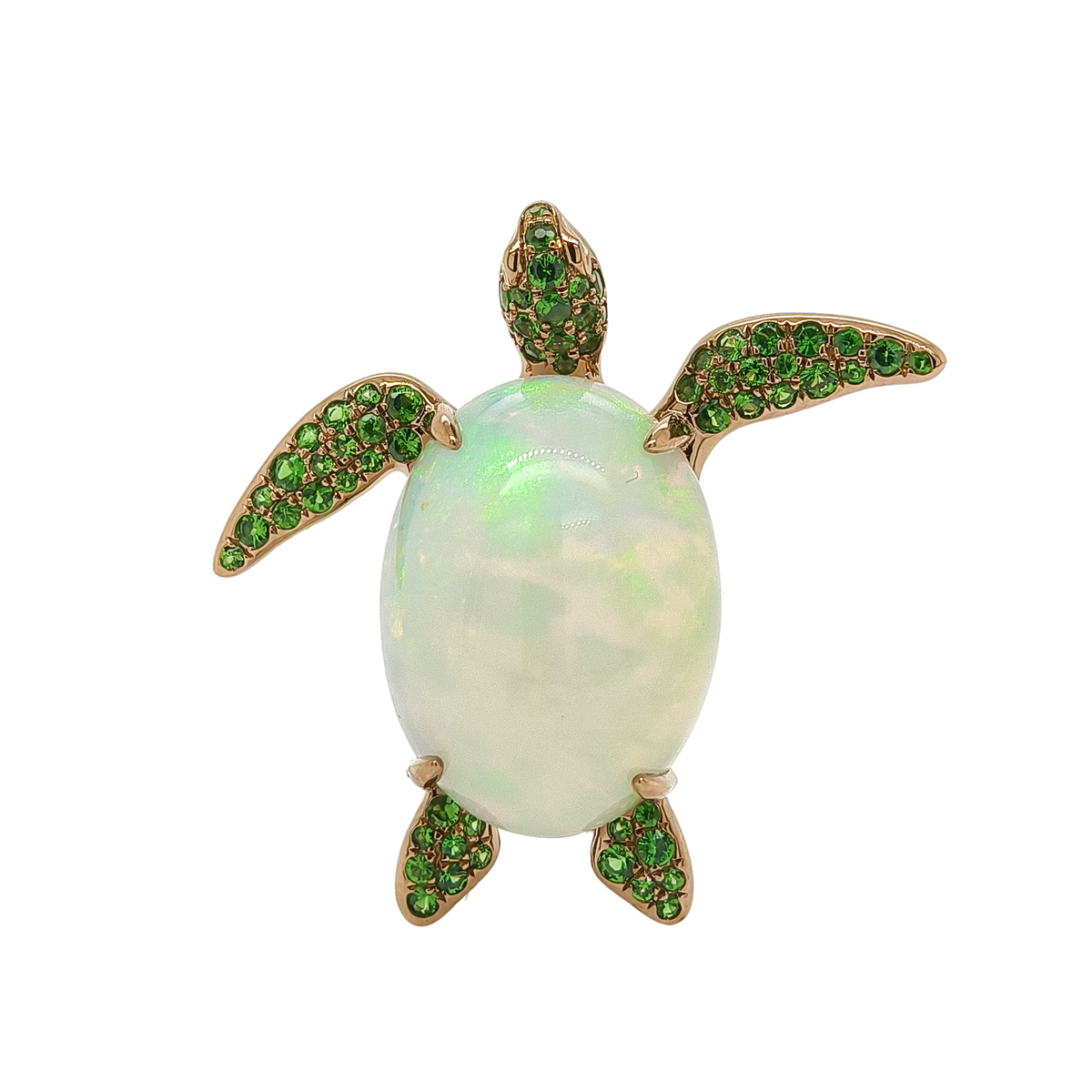 18KT Yellow Gold with Opal, Tsavorite & Diamond Turtle Brooch / Pendant