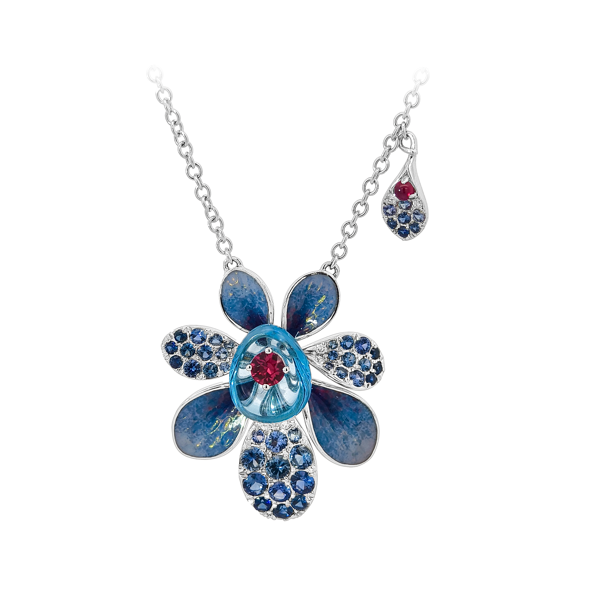 18KT White Gold Ruby, Sapphire & Crystal Enamel Diamond Necklace