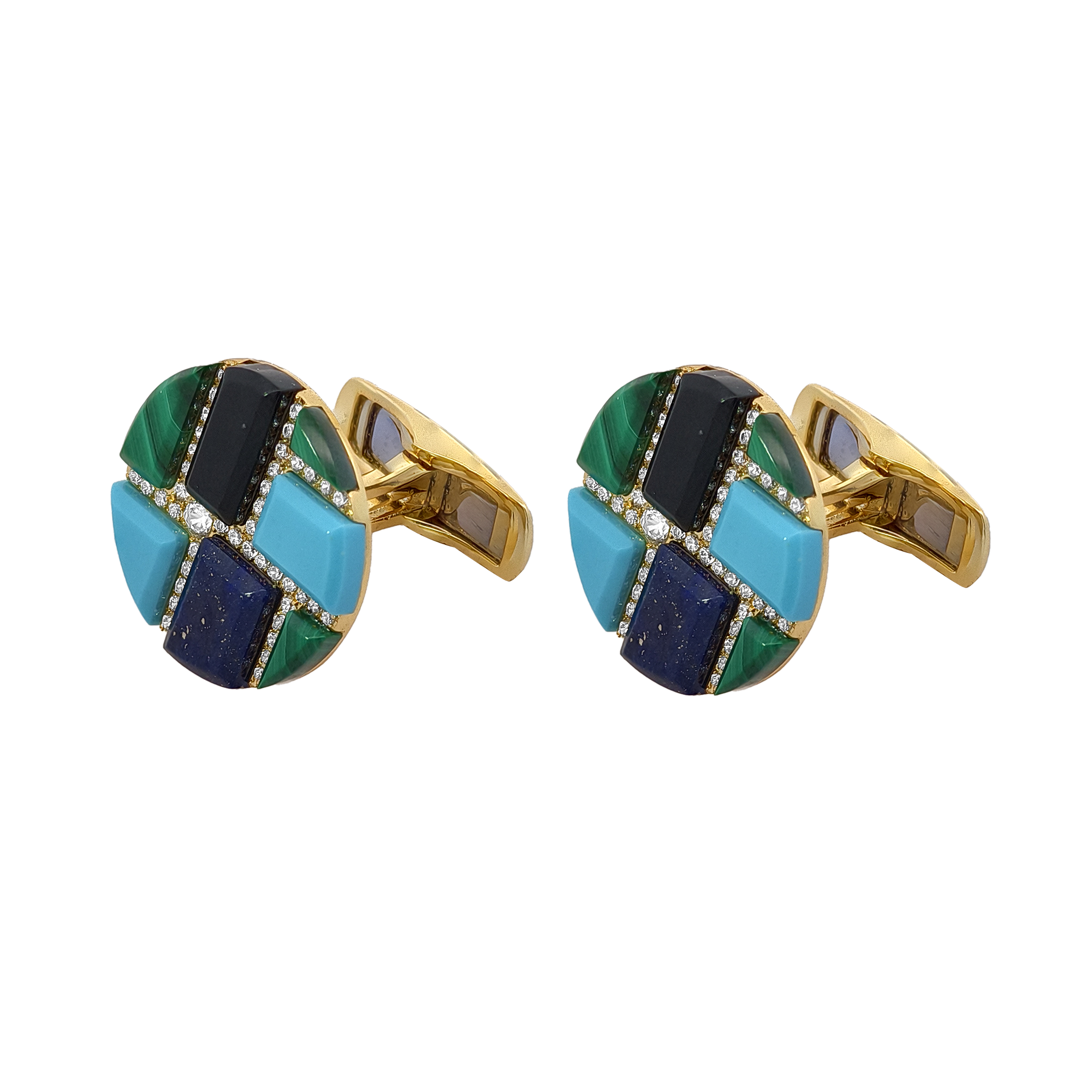 Onyx, White MOP, Malachite,Tiger's Eye, Red Jade, Lapis, Turquoise &  Diamond Cufflinks
