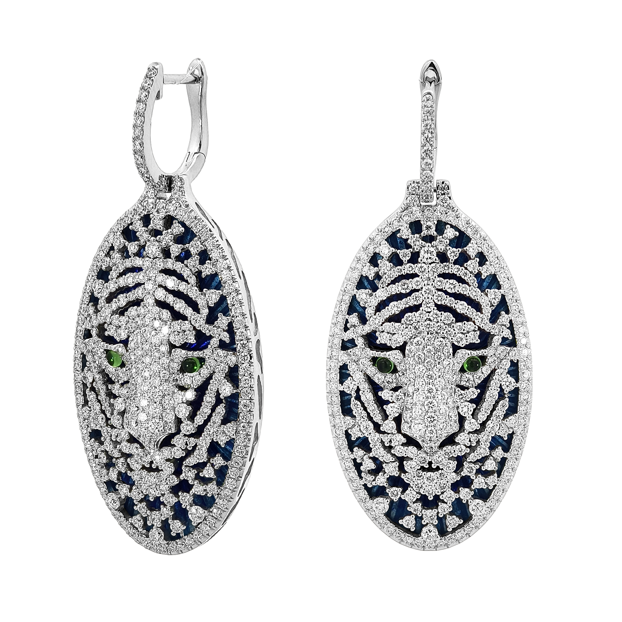 18KT White Gold & Sterling Silver Enamel, Tsavorite & Diamond Tiger Earrings