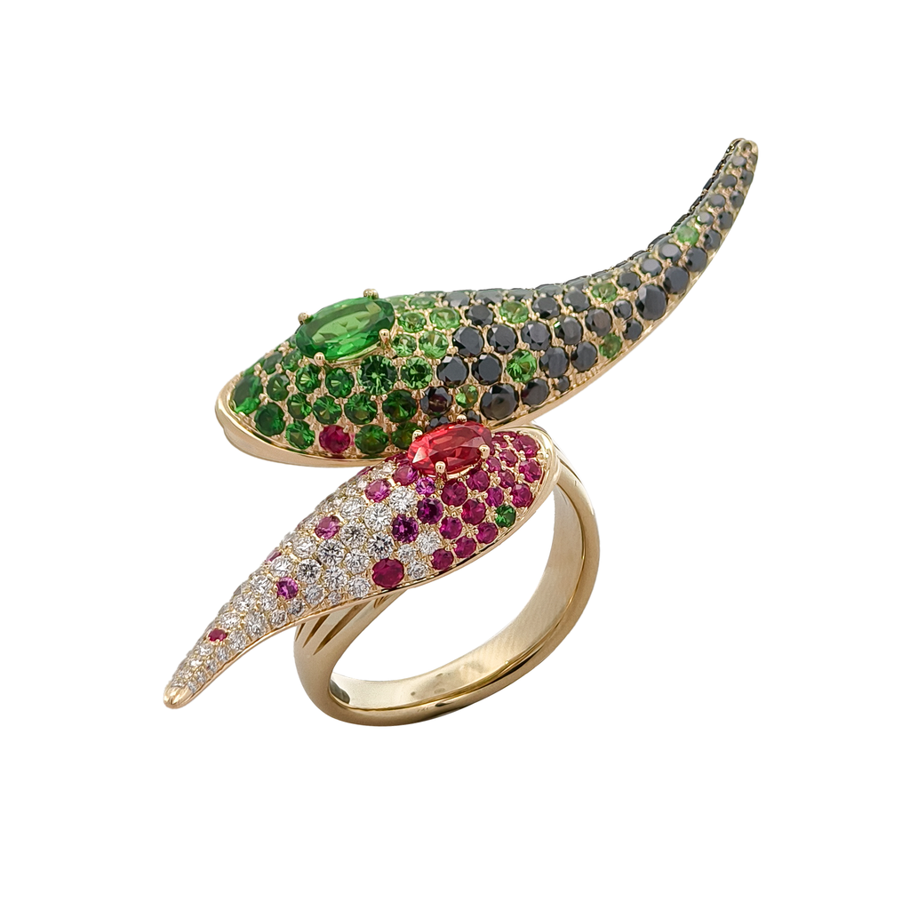 18KT Yellow Gold Orange Sapphire, Ruby, Tsavorite, Black Diamond & Diamond Ring