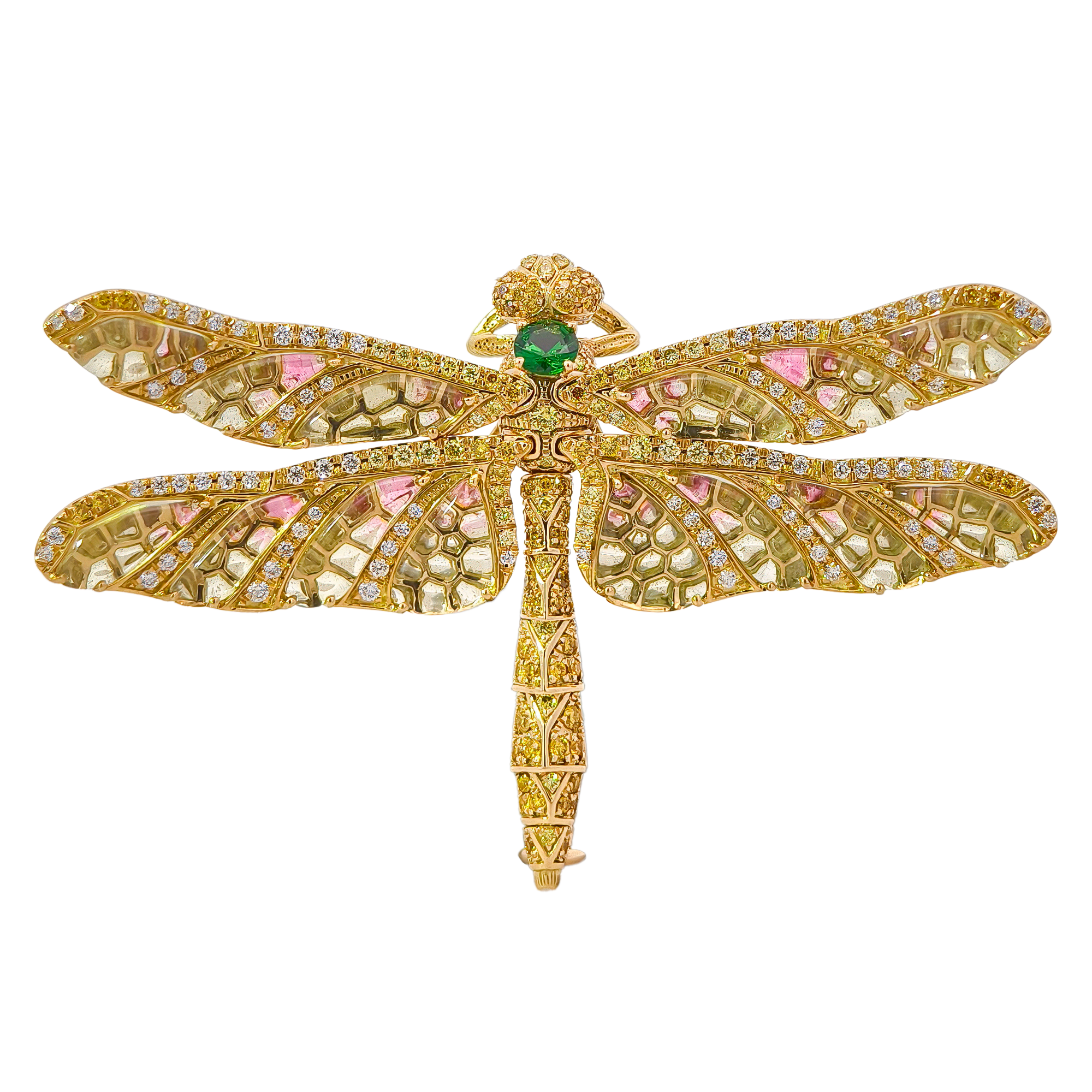 18K Yellow Gold Dragonfly Brooch with Tsavorite, Diamonds & Enamel
