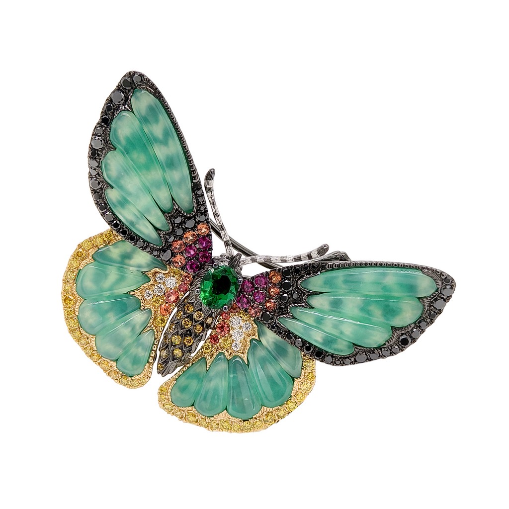 18KT Yellow Gold with Emerald, Ruby, Sapphire, Diamond & Chrysophase Butterfly Brooch