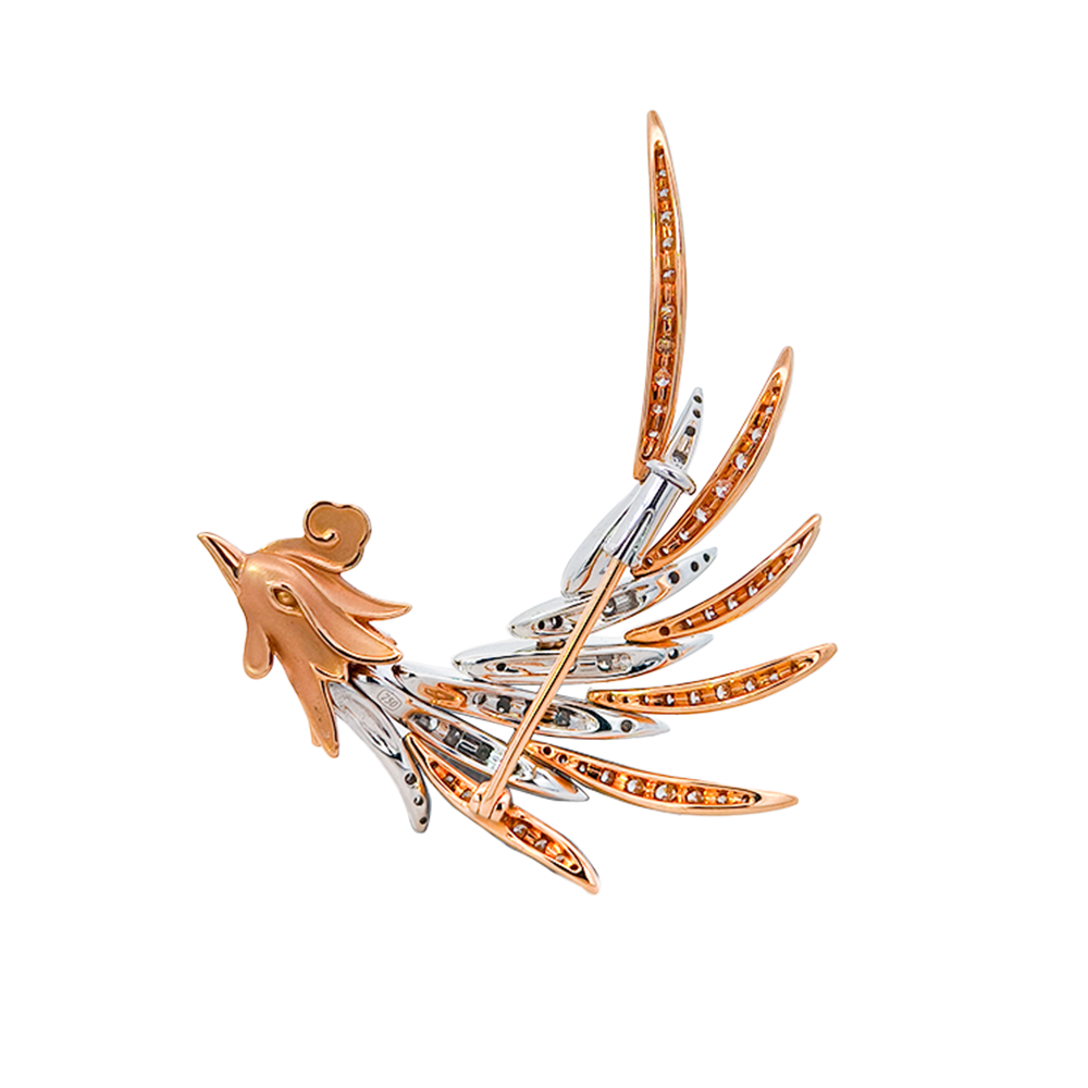 18KT White & Rose Gold Ember Phoenix Brooch with Pink Sapphires & Diamonds