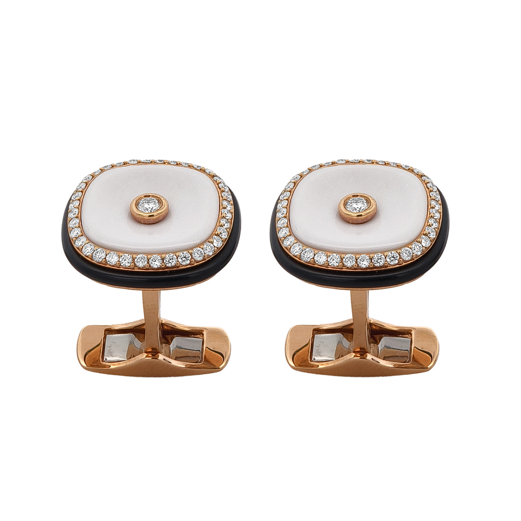 18KT Rose Gold White Agate & Diamond Cufflinks
