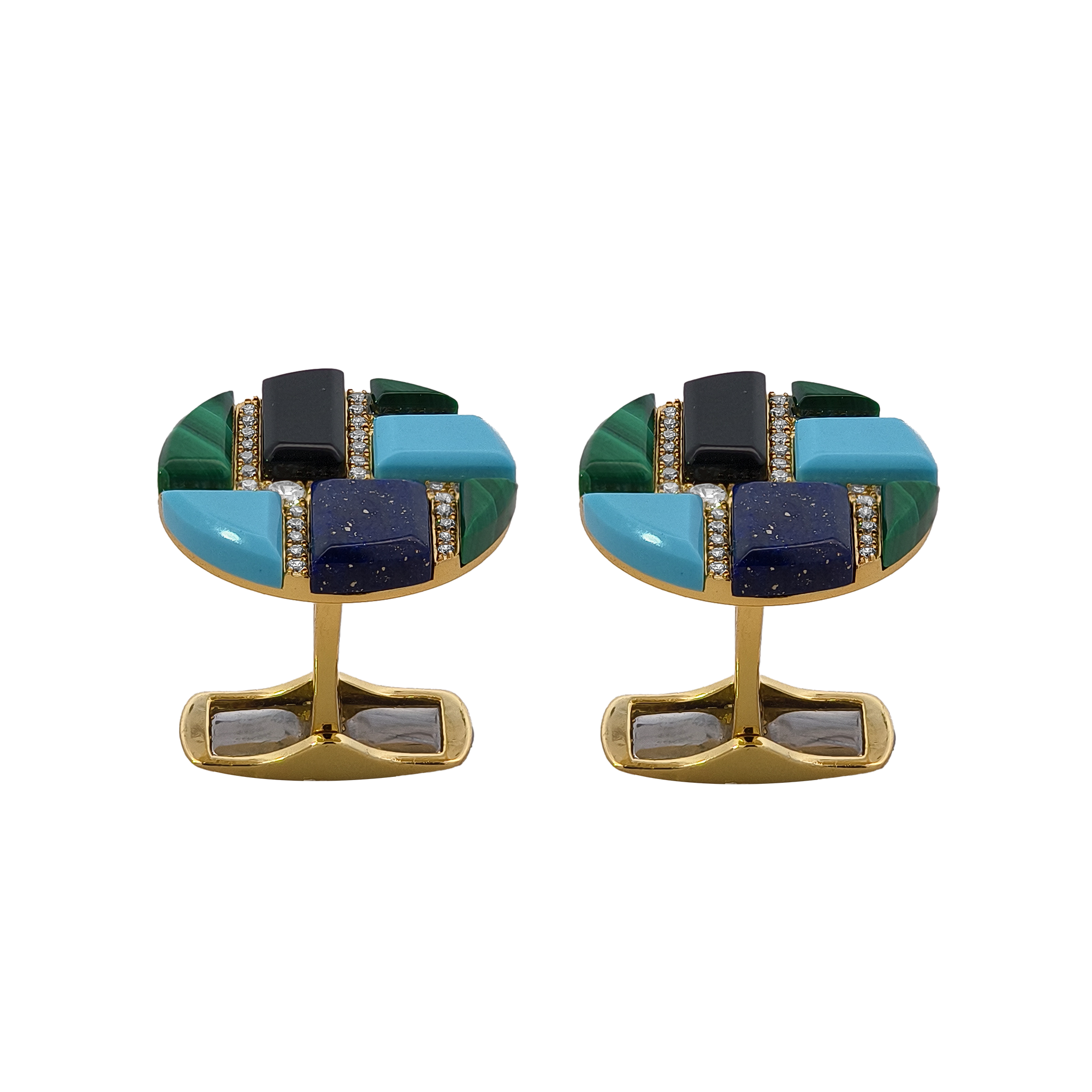 Onyx, White MOP, Malachite,Tiger's Eye, Red Jade, Lapis, Turquoise &  Diamond Cufflinks