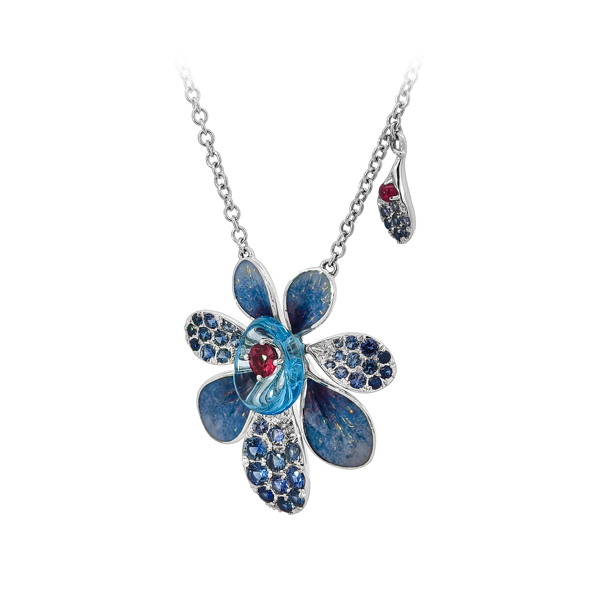18KT White Gold Ruby, Sapphire & Crystal Enamel Diamond Necklace