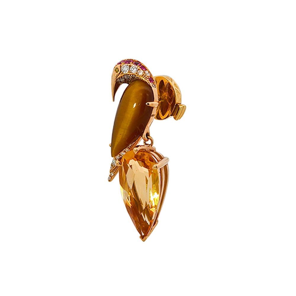 18KT Rose Gold Ruby, Tiger's Eye, Citrine, Yellow Diamond & Diamond Brooch
