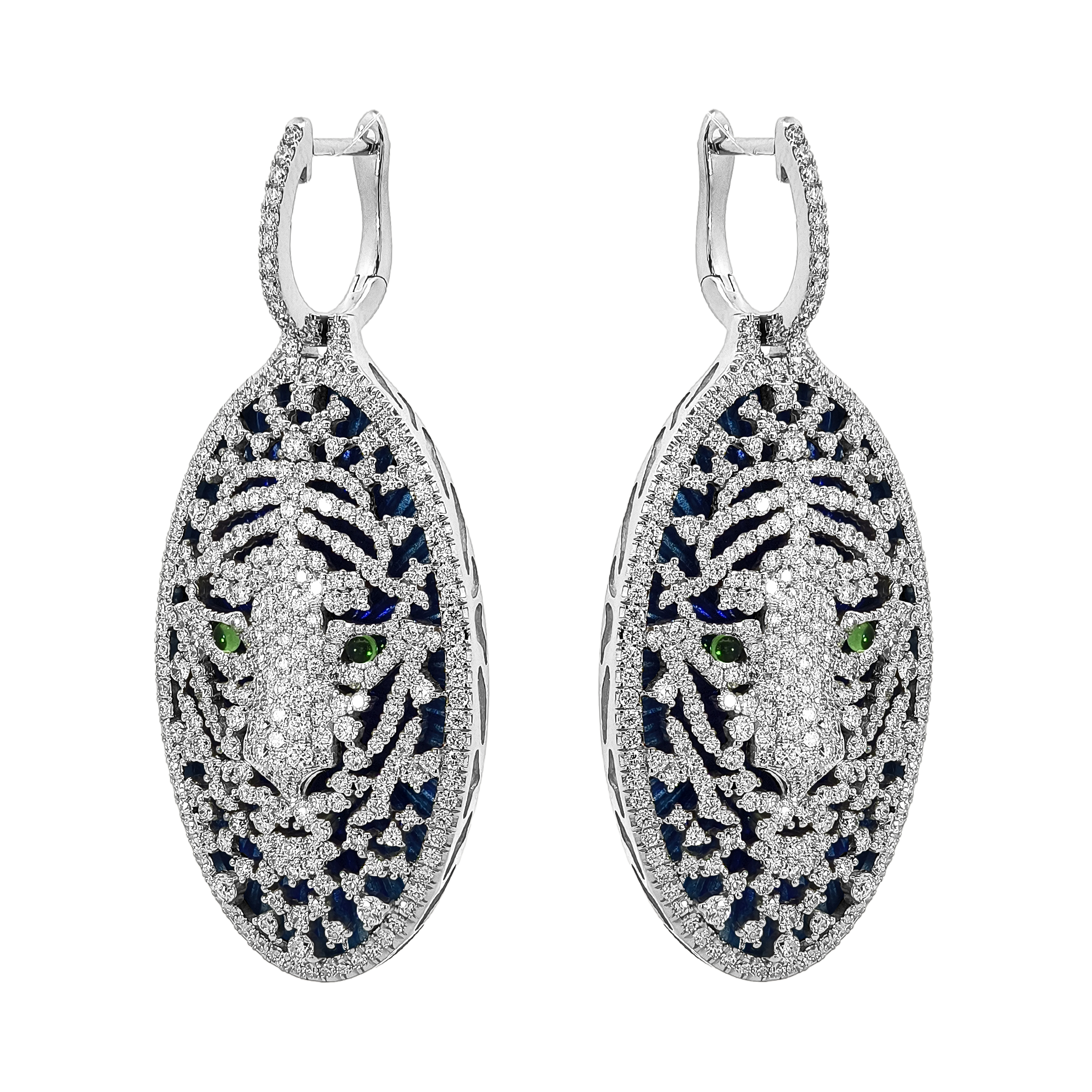 18KT White Gold & Sterling Silver Enamel, Tsavorite & Diamond Tiger Earrings