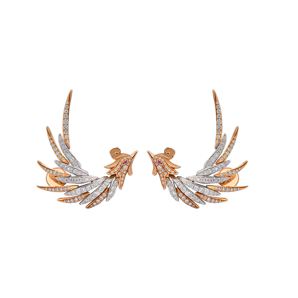 18KT White & Rose Gold Ember Phoenix Earrings with Pink Sapphires & Diamonds