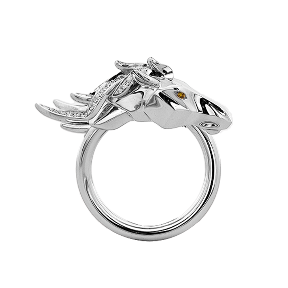 18KT White Gold Horse Ring with Yellow Diamond & Diamonds