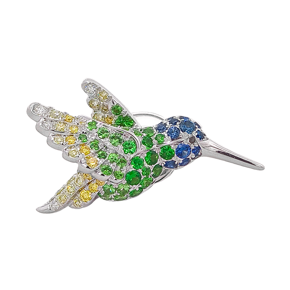 18KT White Gold Aura Hummingbird Brooch with Sapphires, Tsavorites & Diamonds