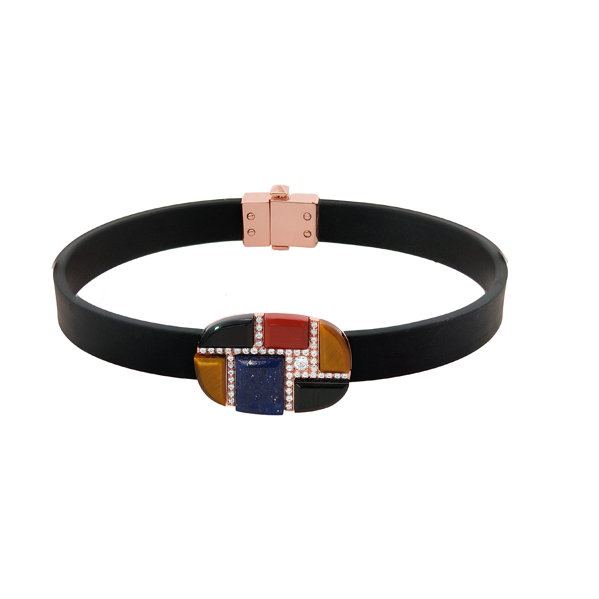Gold Onyx, Tiger's Eye, Red Jade, Lapis & Diamond Bracelet