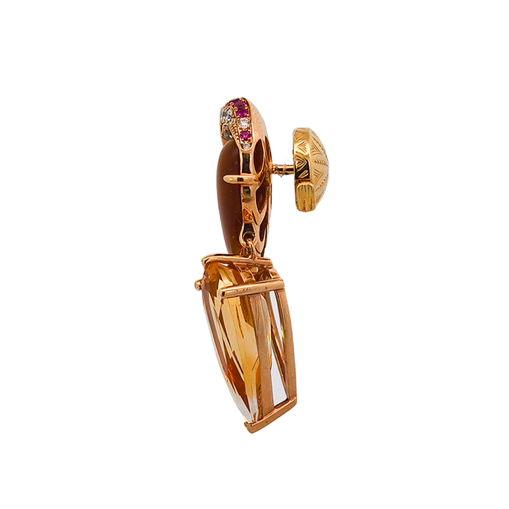 18KT Rose Gold Ruby, Tiger's Eye, Citrine, Yellow Diamond & Diamond Brooch