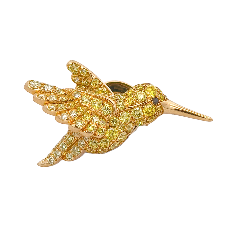 18KT Yellow Gold Aura Hummingbird Brooch with Yellow & Black Diamonds