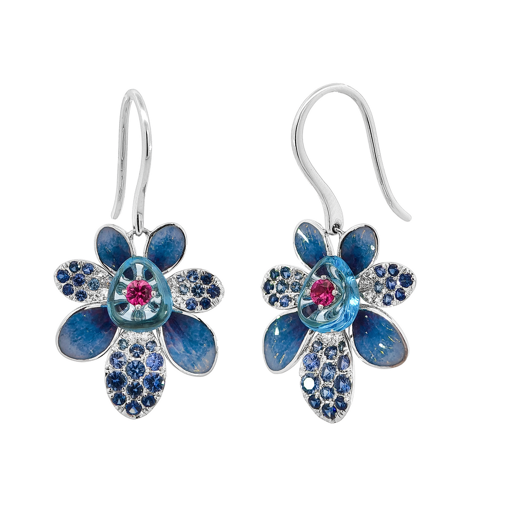 18KT White Gold Ruby, Sapphire & Crystal Enamel Diamond Earrings