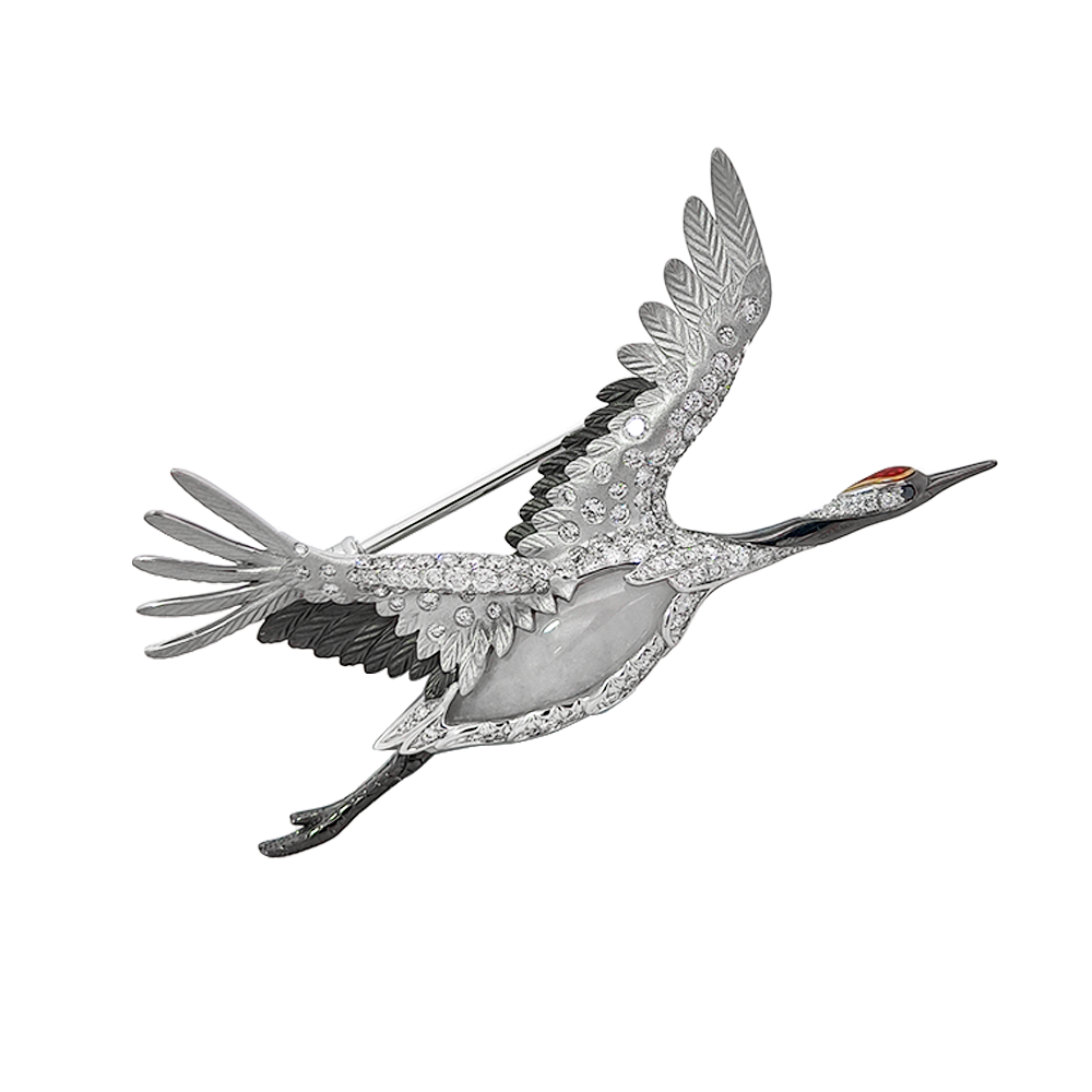 18K White & Rose Gold Grace Red-crowned Crane Brooch with Jade, Diamonds & Enamel
