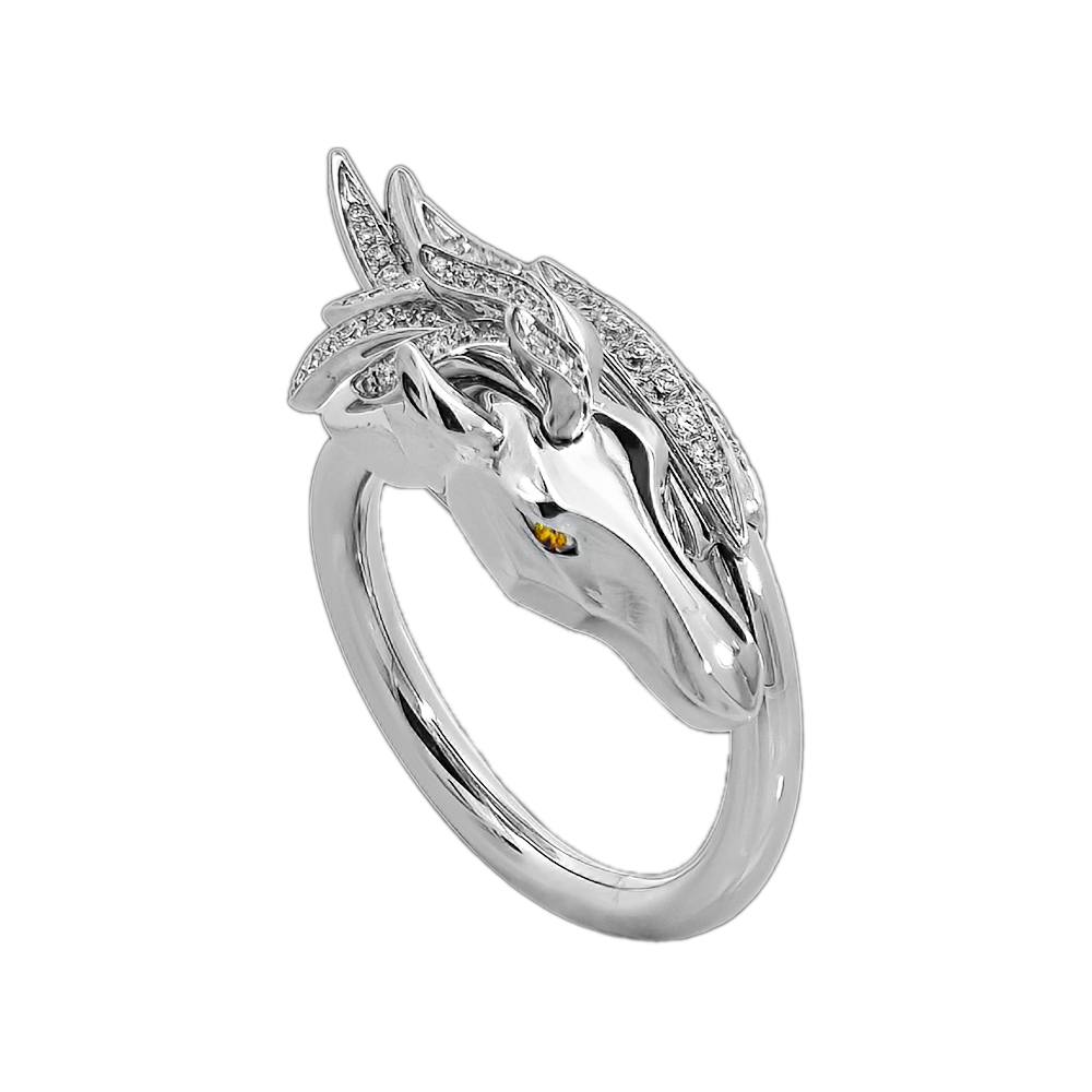 18KT White Gold Horse Ring with Yellow Diamond & Diamonds
